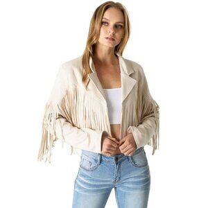 Saints & Hearts Women Size Large Faux Suede Festival Fringe Crop Jacket Cream